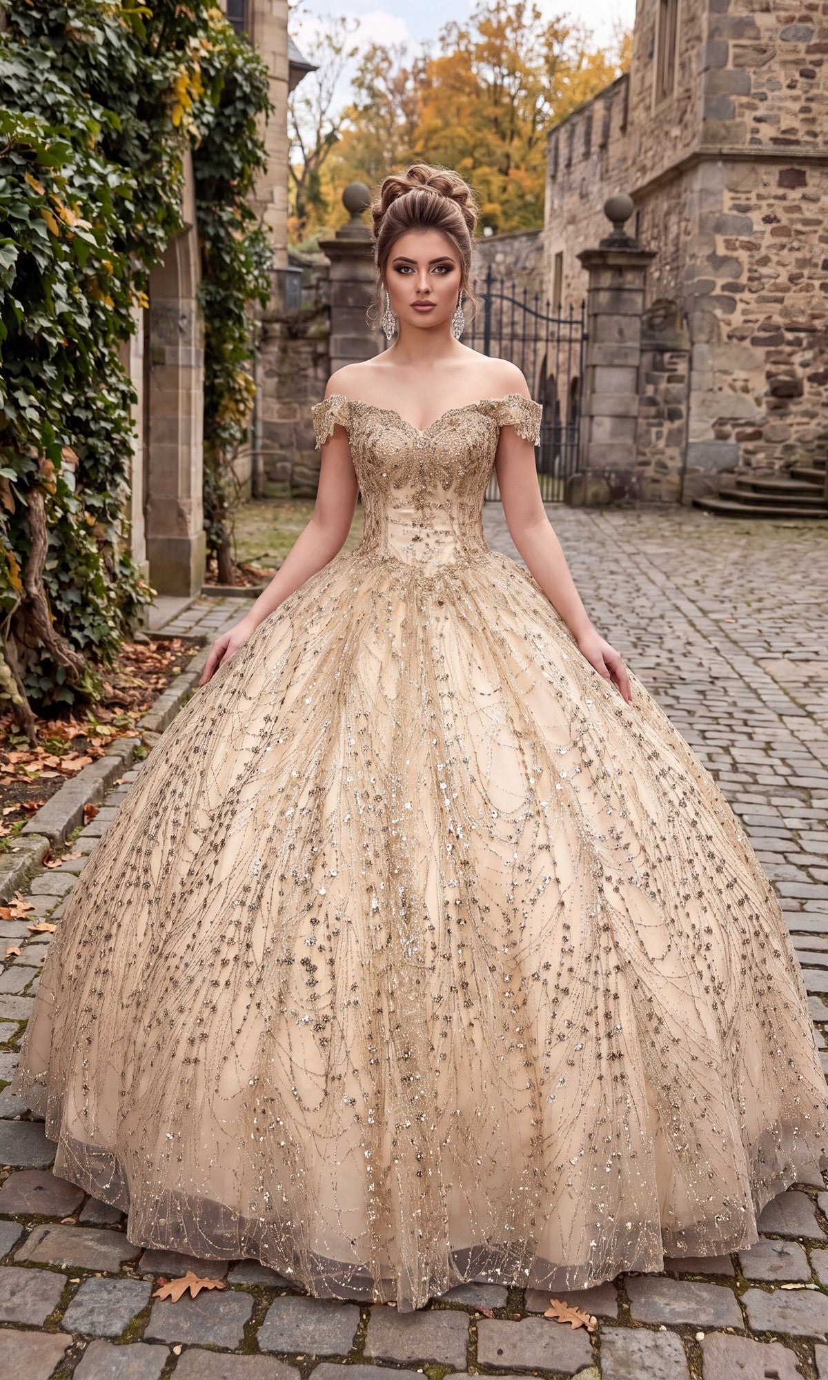 Wearing the Quinceanera Dress CHF3011 By Chicas in champagne gold, a woman with off-the-shoulder sleeves and a delicate corset back stands on a cobblestone path outside a stone building, surrounded by greenery and autumn leaves.